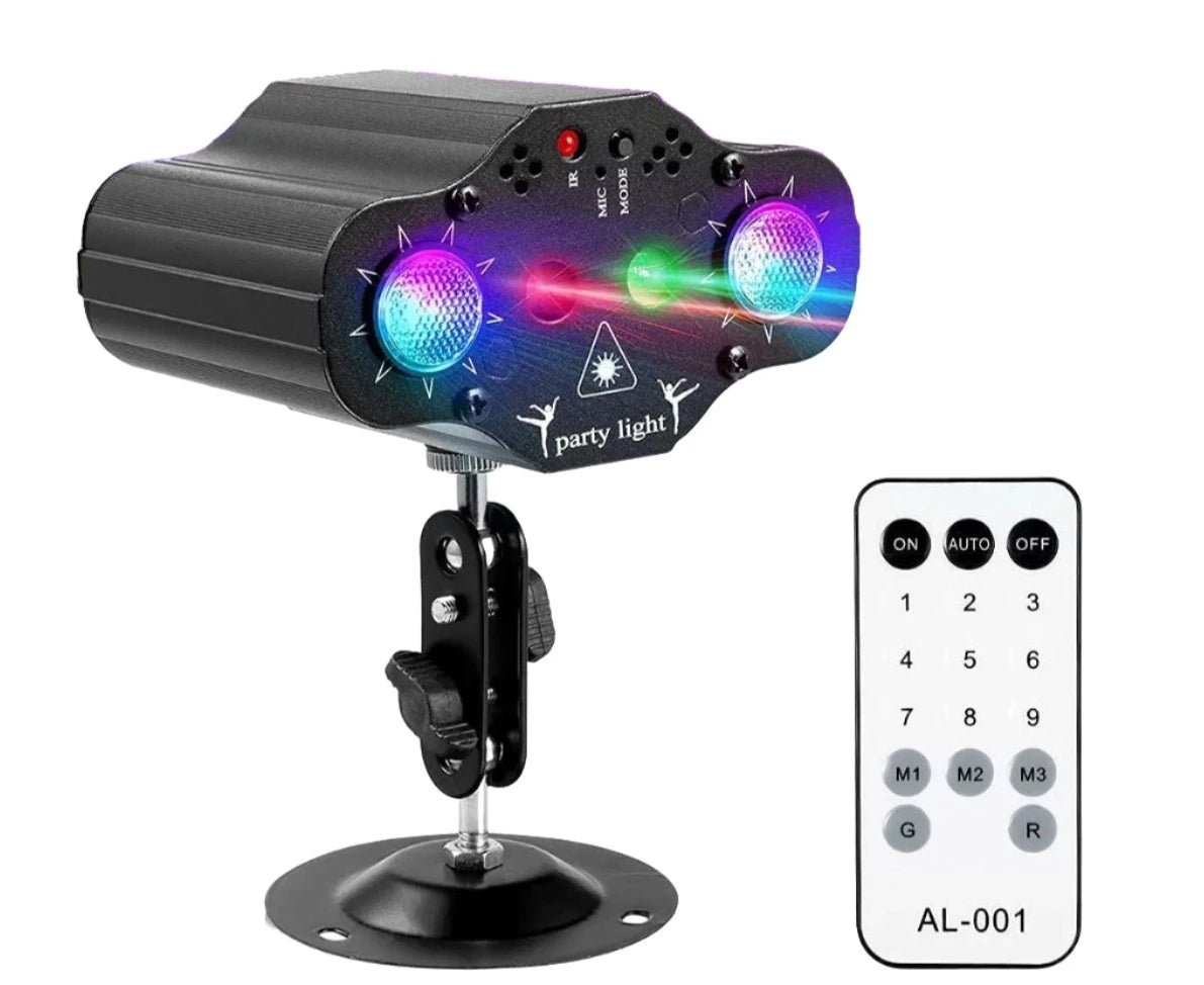 Mini stage laser with 36 sound - controlled strobe patterns, remote control, and dynamic lighting effects for parties. - Yeete