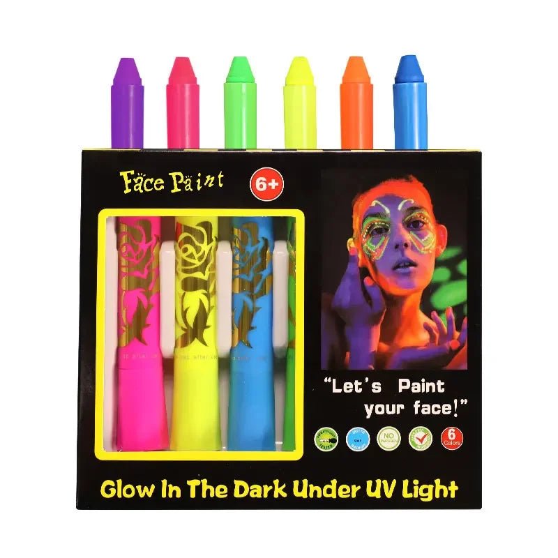 6pcs Glow Pop In Dark Face Black Light Paint UV Neon Face Body marker pens Crayon Kit. Perfect for house parties, clubs, and fun events. - Yeete